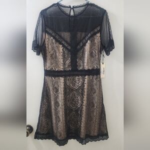 New Nightcap&Clothing Elegant Black and Beige Lace Dress, Size Medium.